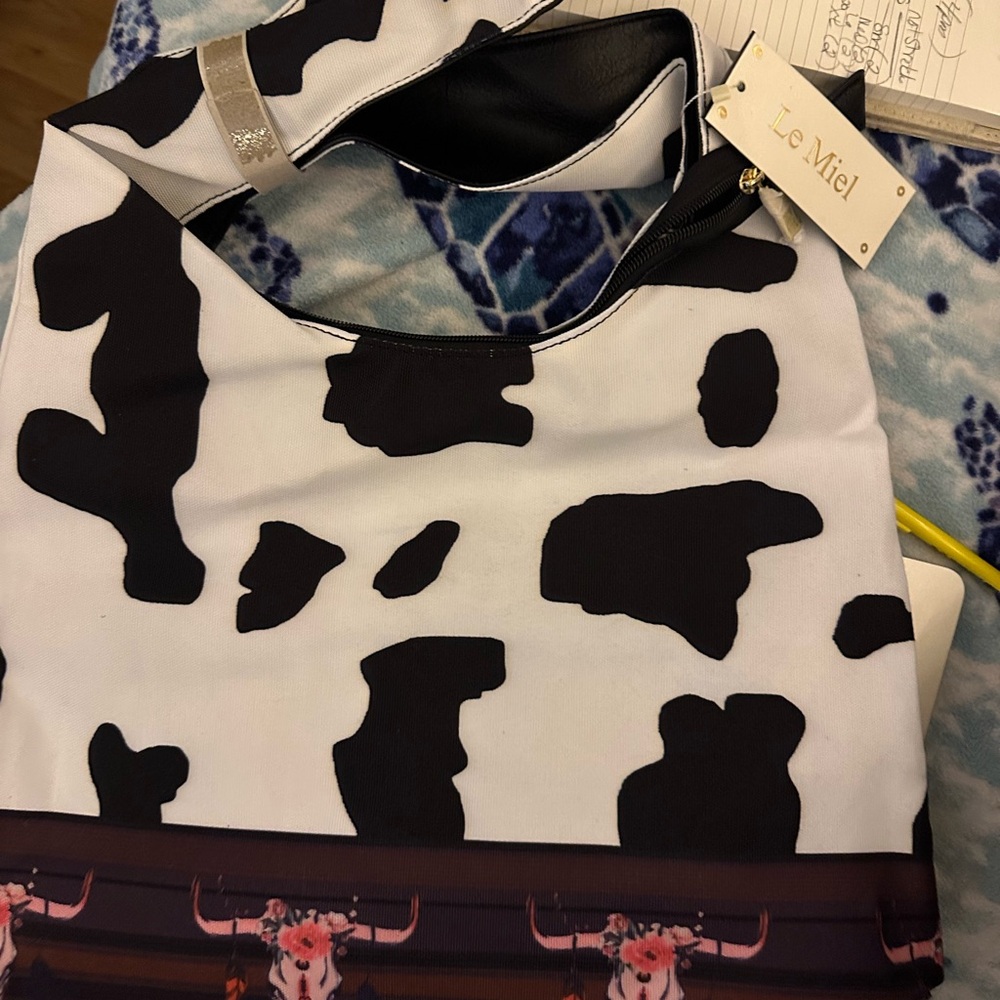 LA MIEL Black and White Cow Print Shoulder Bag
